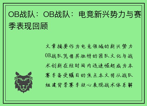 OB战队：OB战队：电竞新兴势力与赛季表现回顾