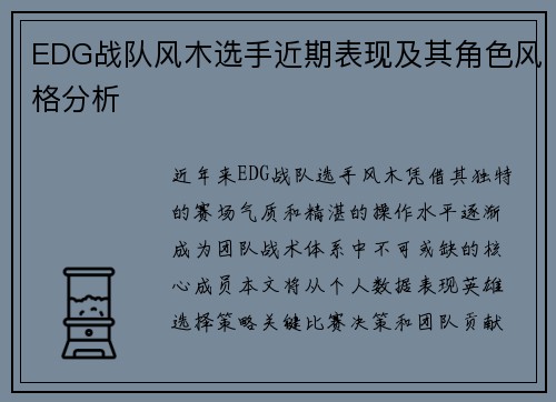 EDG战队风木选手近期表现及其角色风格分析